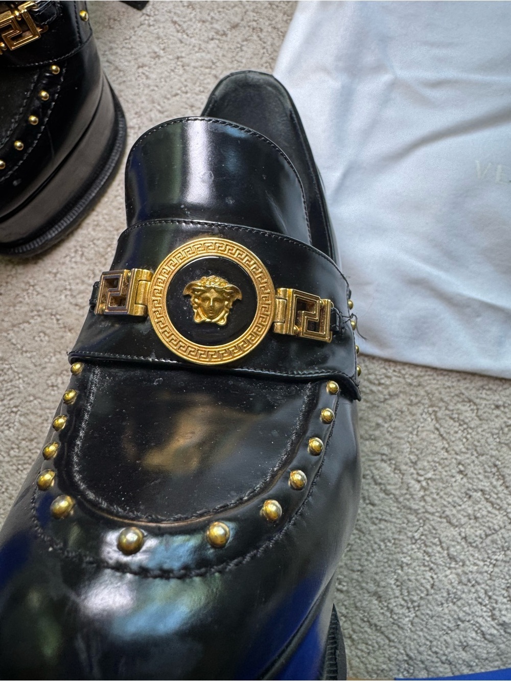 Versace Black Platform Gold Studded Loafer Platform Heels with Medallion - Picture 8 of 10